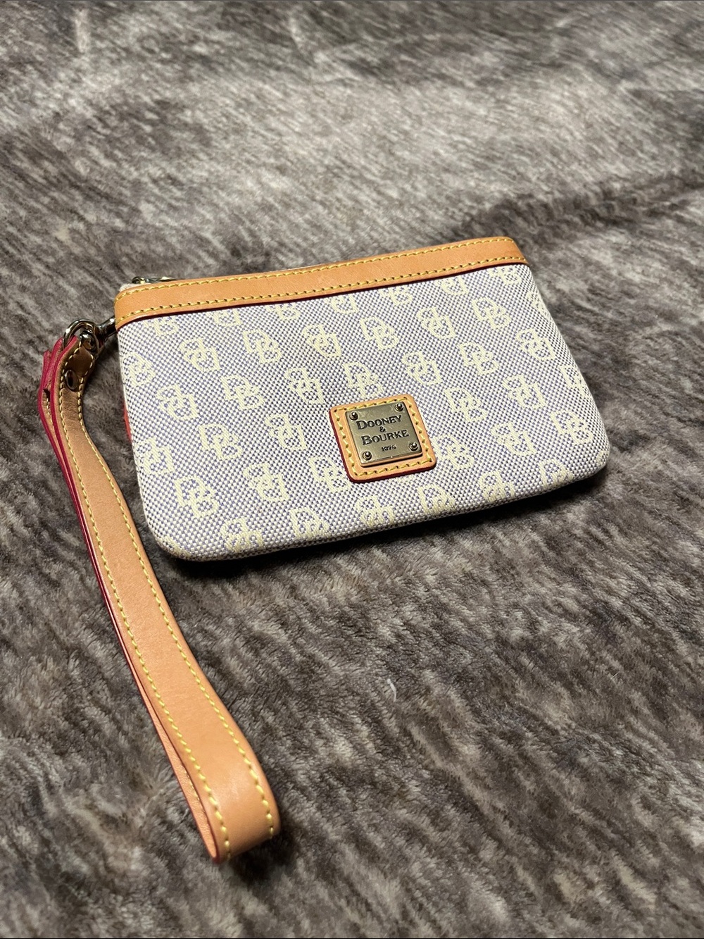 Dooney & Bourke Cream Signature Wristlet with Tan Trim and Pink Strap